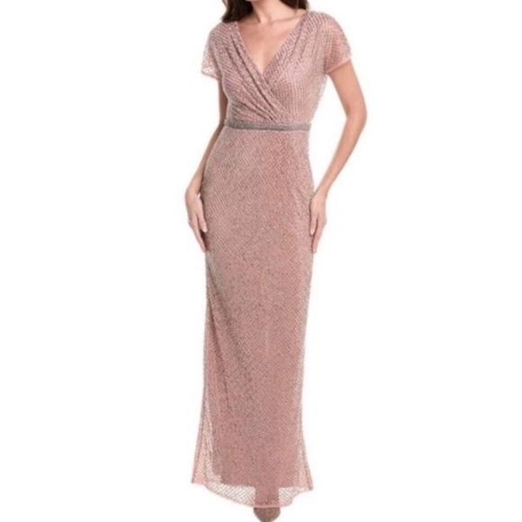 Mac Duggal Dresses & Skirts - Mac Duggal Beaded Lattice Gown 93787 Rose Pink V-Neck Maxi Dress Womens 12 NEW